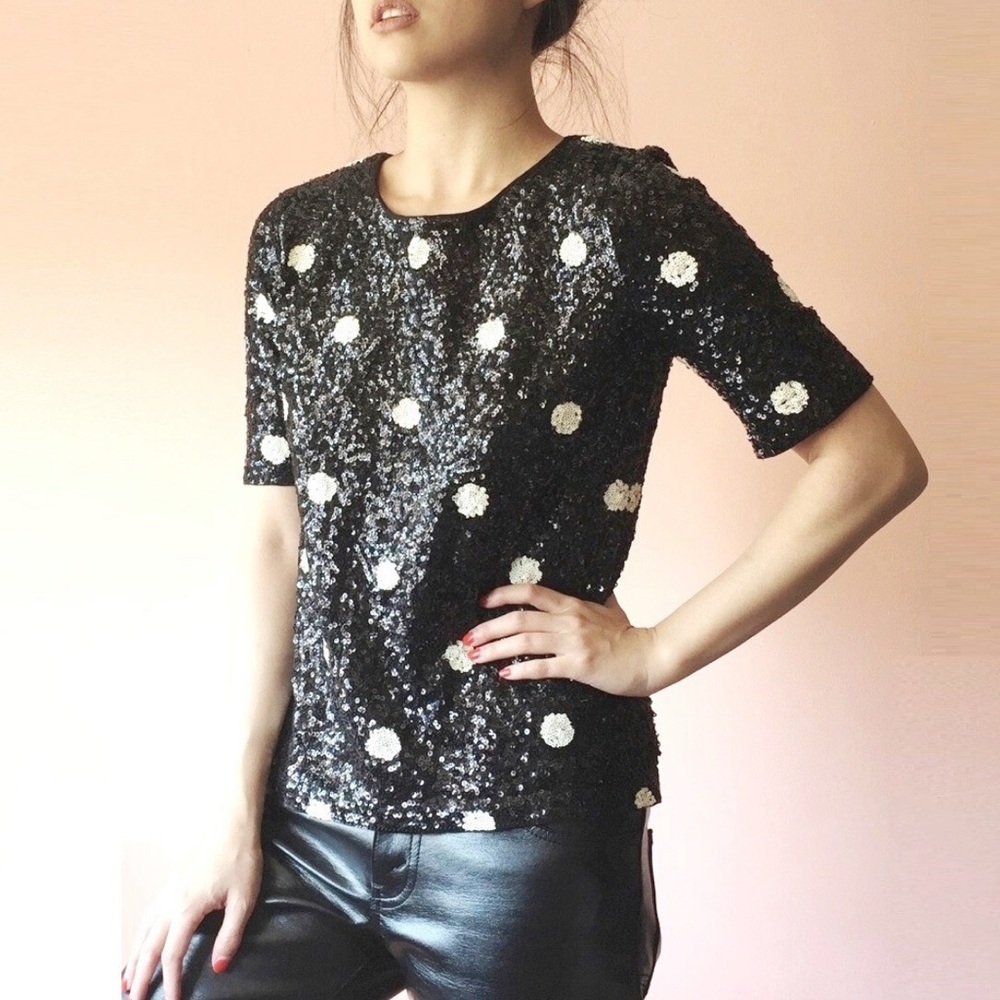 J. Crew | Black and White Polka Dot Sequin Short Sleeved Blouse Size Small